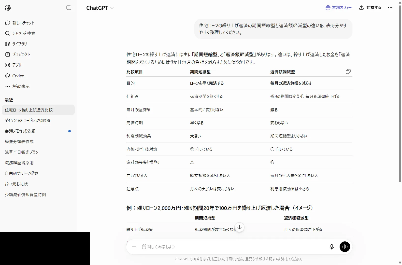 ChatGPTに繰り上げ返済の期間短縮型と返済額軽減型の違いを表で整理させた実際の画面（2026年6月時点）