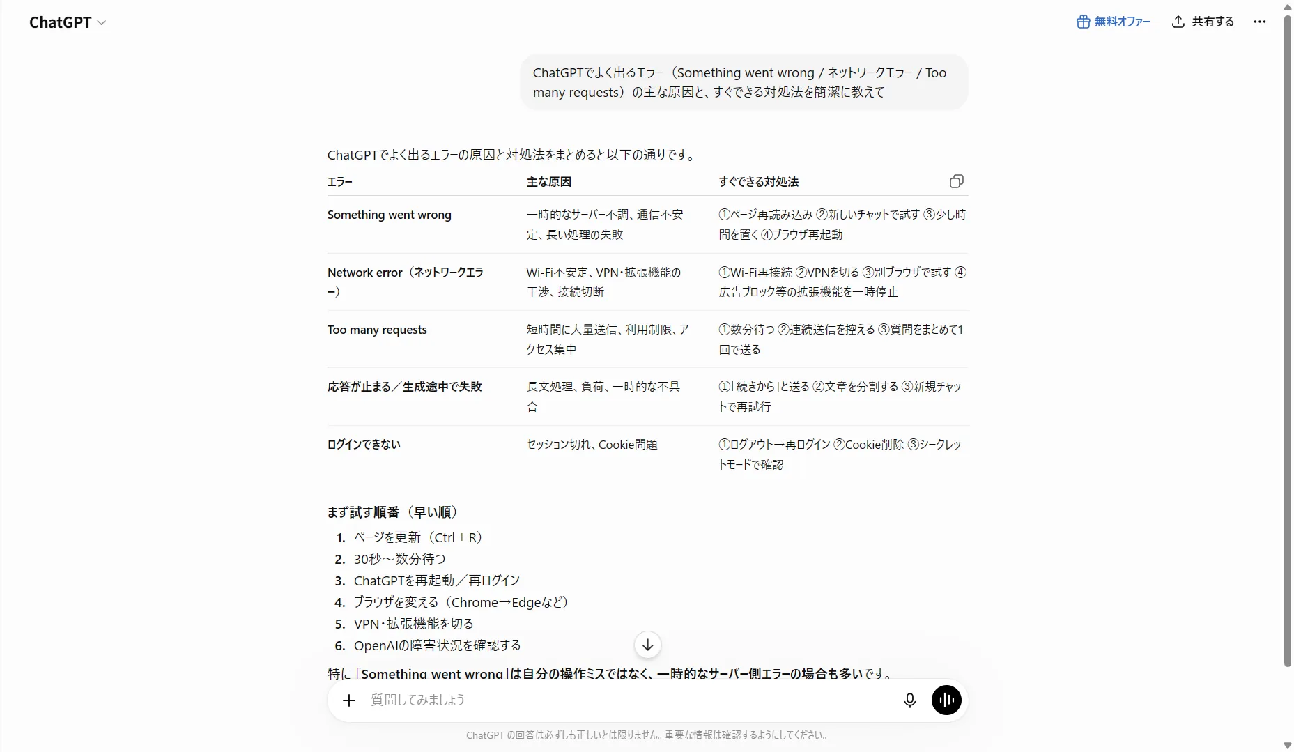 実際にChatGPT本人へ「よく出るエラーの原因と対処法」を聞いた回答画面。Something went wrongやネットワークエラー、Too many requestsなどを、AI自身が表で整理してくれました（2026年6月・筆者の実機）。