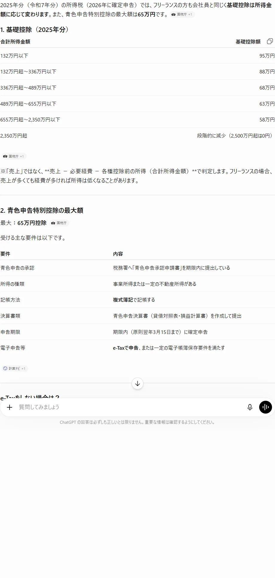 実際にChatGPTへ確定申告の控除額を質問した回答。表まで作り一見もっともらしいが、制度改正や個別事情で誤ることがあるため、この5手順で必ず裏取りする(筆者がChatGPT実機で撮影)