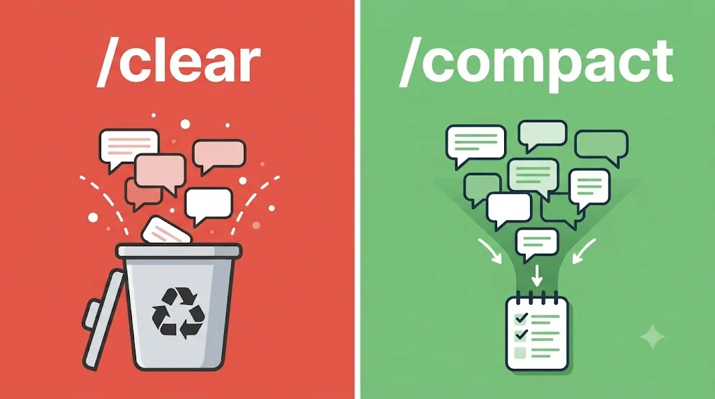 図解：/clearは会話を丸ごと消し、/compactは要約に圧縮して残す
