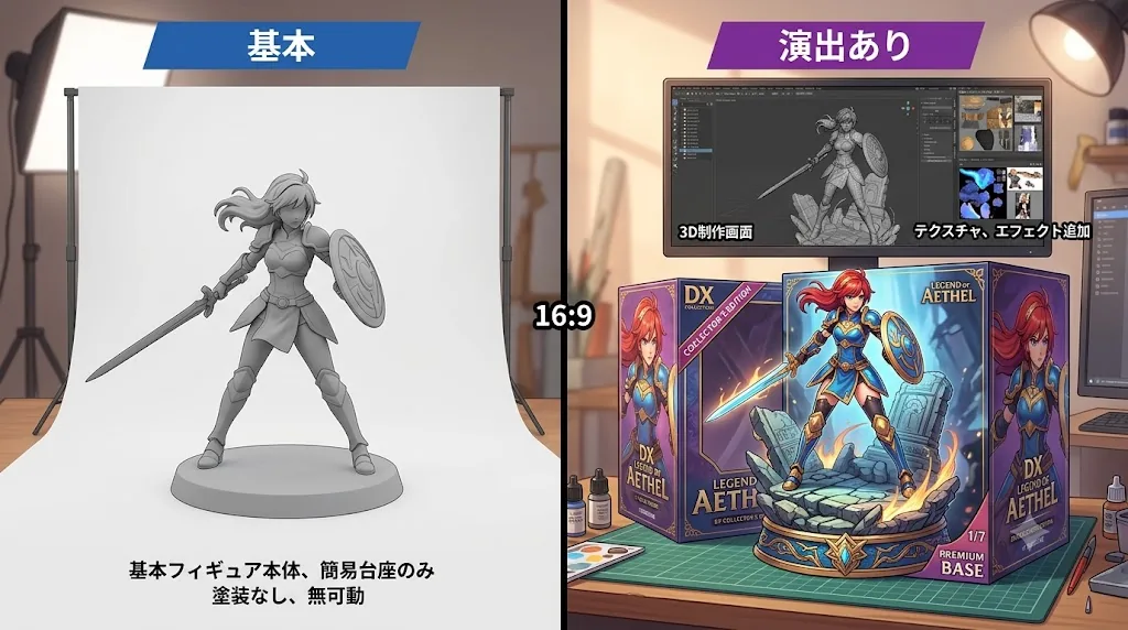 基本だけの版と、箱や台座の演出を足した版の比較（AI作例イメージ）