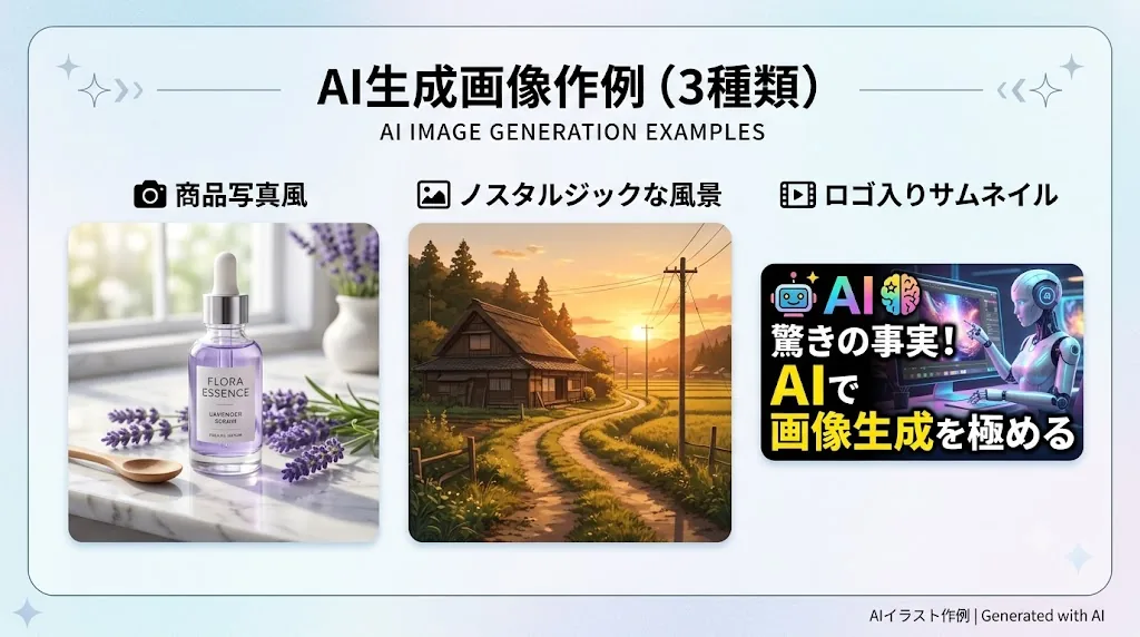 丁寧なプロンプトで生成した3種類の作例イメージ（商品・風景・ロゴ入り）