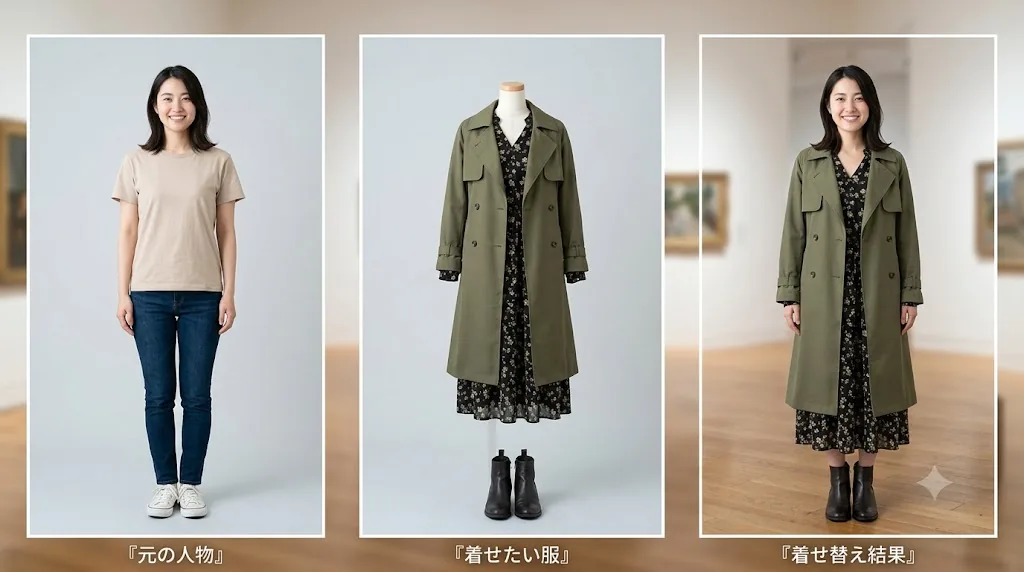 AIで服を着せ替えた流れの作例イメージ（元の人物→着せたい服→着せ替え結果）