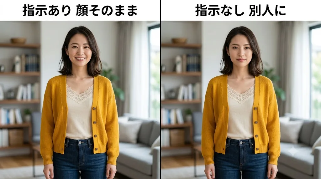 AI着せ替えで『顔を変えないで』の指示あり/なしによる再現度の比較（AIで作成した作例イメージ）