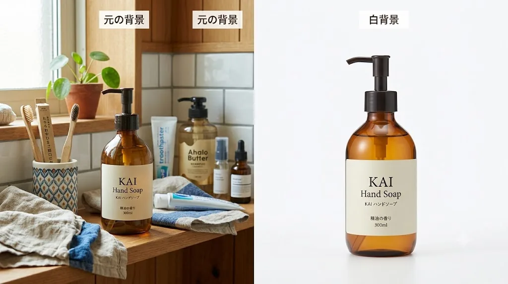 生活感のある背景をAIで白背景に差し替えた作例イメージ（自分の写真でも作れます）