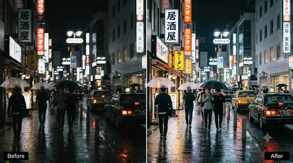 暗くぼやけた写真をAIで明るく高画質化した作例イメージ（自分の写真でも作れます）