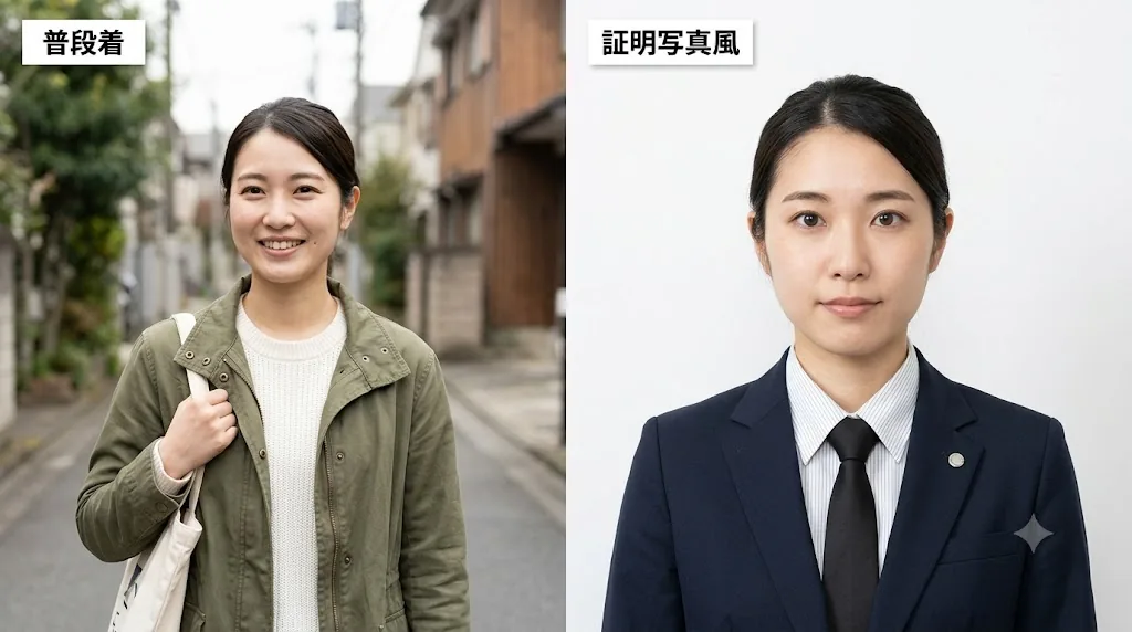 普段着の写真をAIで証明写真風に整えた作例イメージ（自分の写真でも作れます）