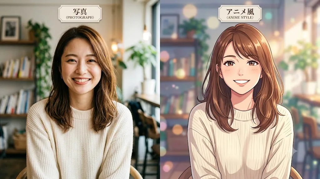 写真をAIでアニメ・イラスト風に変換した作例イメージ（自分の写真でも作れます）