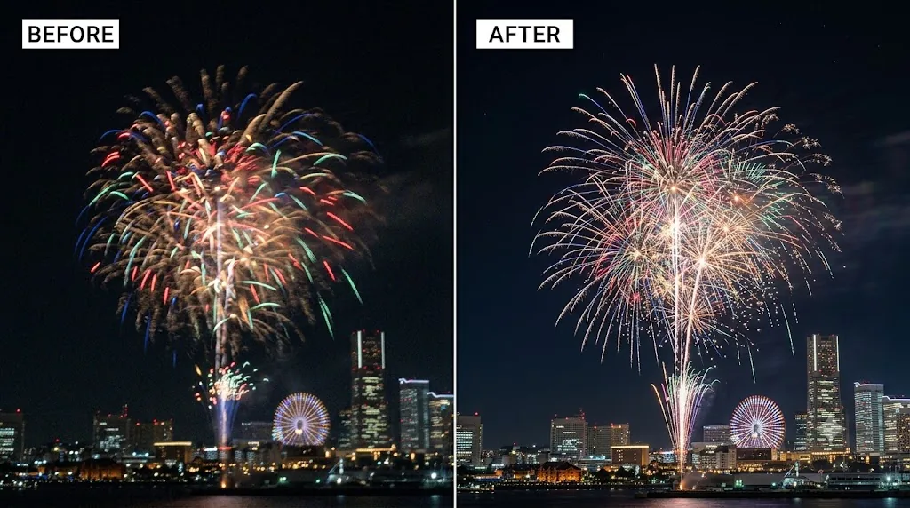 AIで暗い花火写真を明るくくっきり補正した作例イメージ（自分の写真でも作れます）