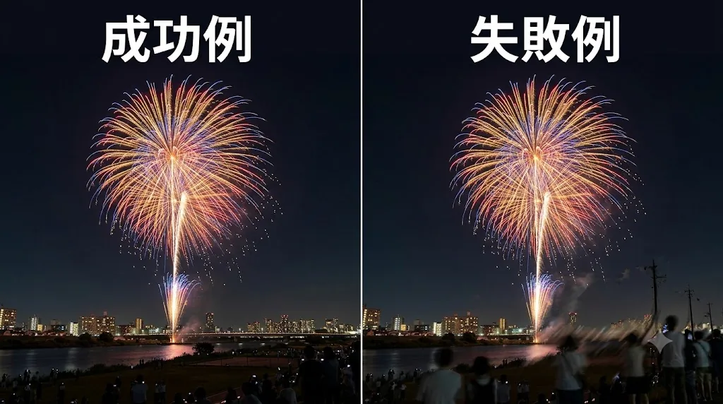 電線を消した成功例と、人を消してにじんだ失敗例の比較（AIで作成した作例イメージ）