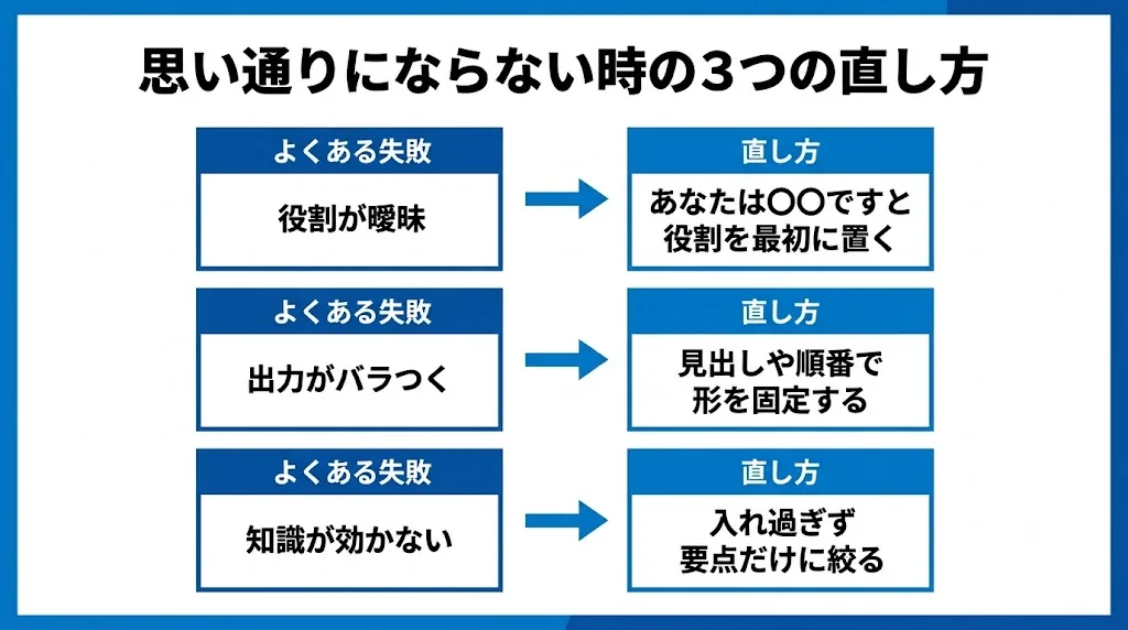 思い通りにならない時の3つの直し方。役割を最初に置く、出力の形を固定する、知識は要点だけに絞る。