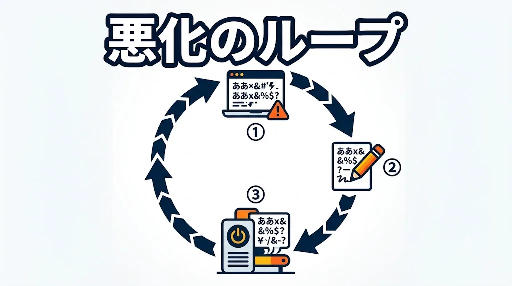 図解:壊れた出力が「お手本」になって再生産される悪化のループ