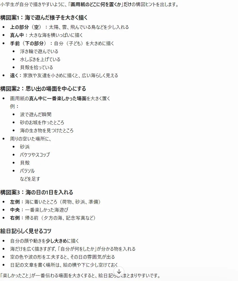 AIに絵日記の構図のヒントを言葉でもらった実際の画面。絵そのものは子どもが手で描く