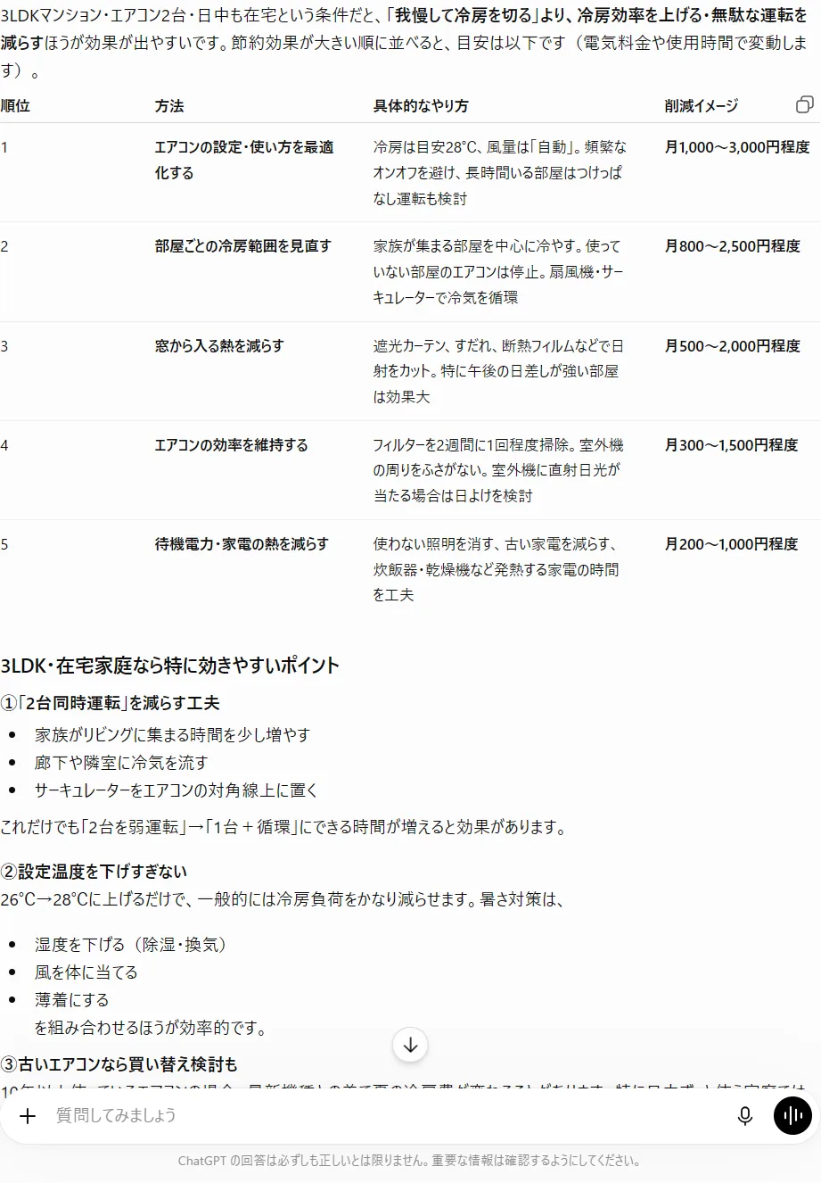 ChatGPTに自宅の条件を伝えて節電のアドバイスをもらった実際の画面