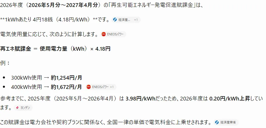 賦課金の最新単価をChatGPTに質問した画面。出典つきで正しく答えたが、数値は念のため資源エネルギー庁の公式でも確認する