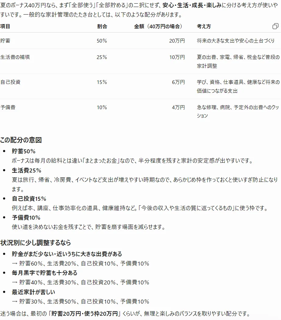 ボーナスの配分案をChatGPTに相談した実際の画面（金額はダミー）
