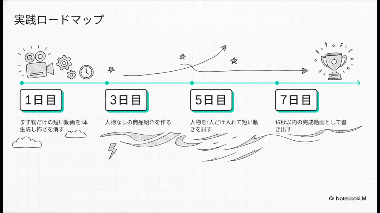 手順記事から生成した動画。1日目から7日目までの実践ロードマップになった