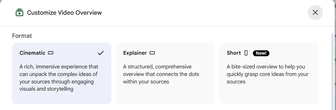 URLに?hl=enを足した画面。Cinematic Explainer Shortの3枚になりShortにNew!バッジが付く