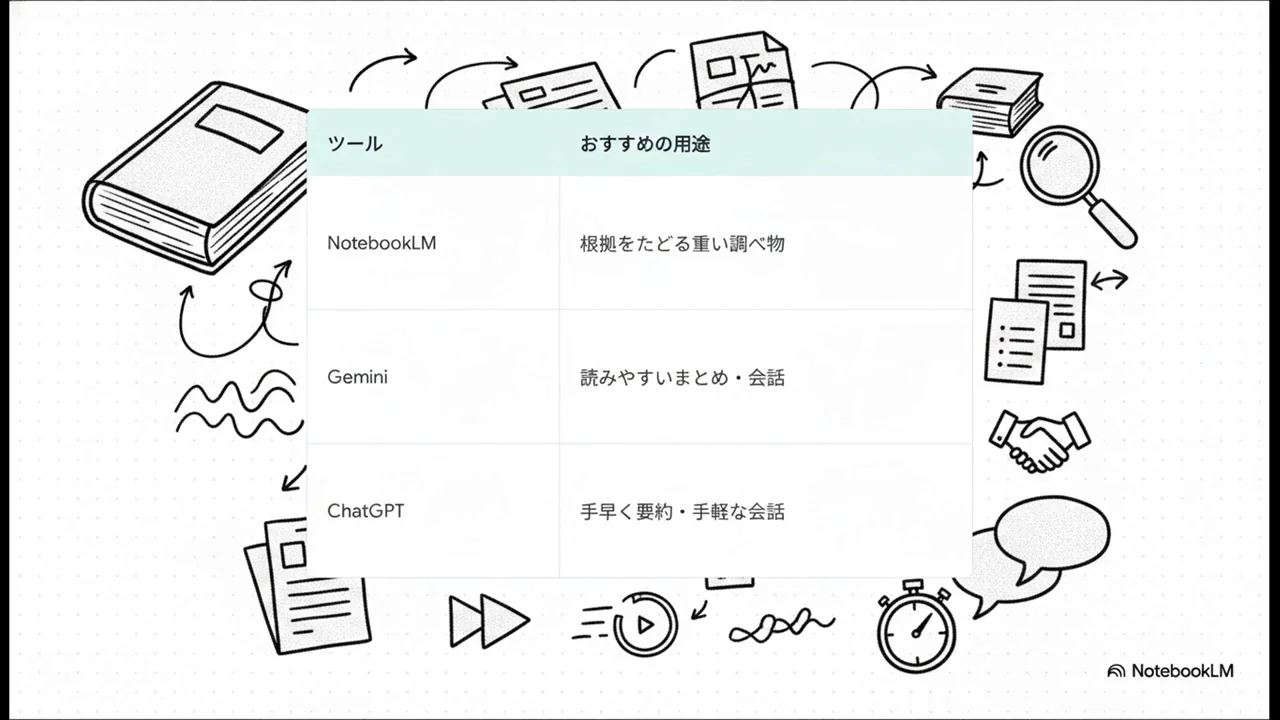動画5の終盤に出てくるツール別おすすめ用途の表