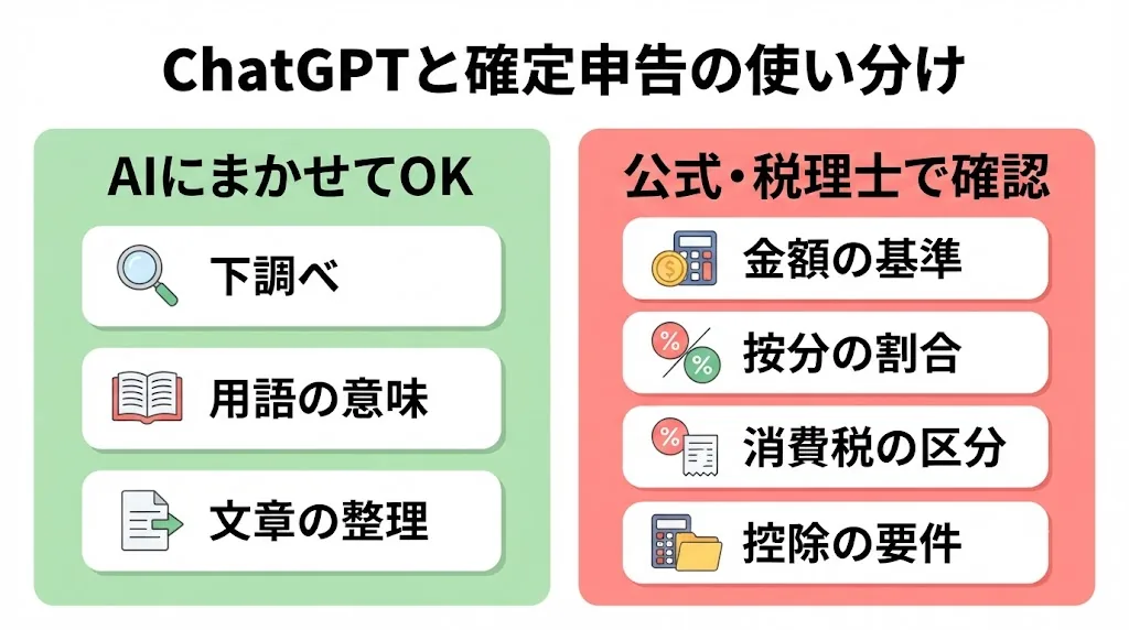 AIに任せてよい作業と専門家確認が必要な作業の使い分けマップ(筆者作成)