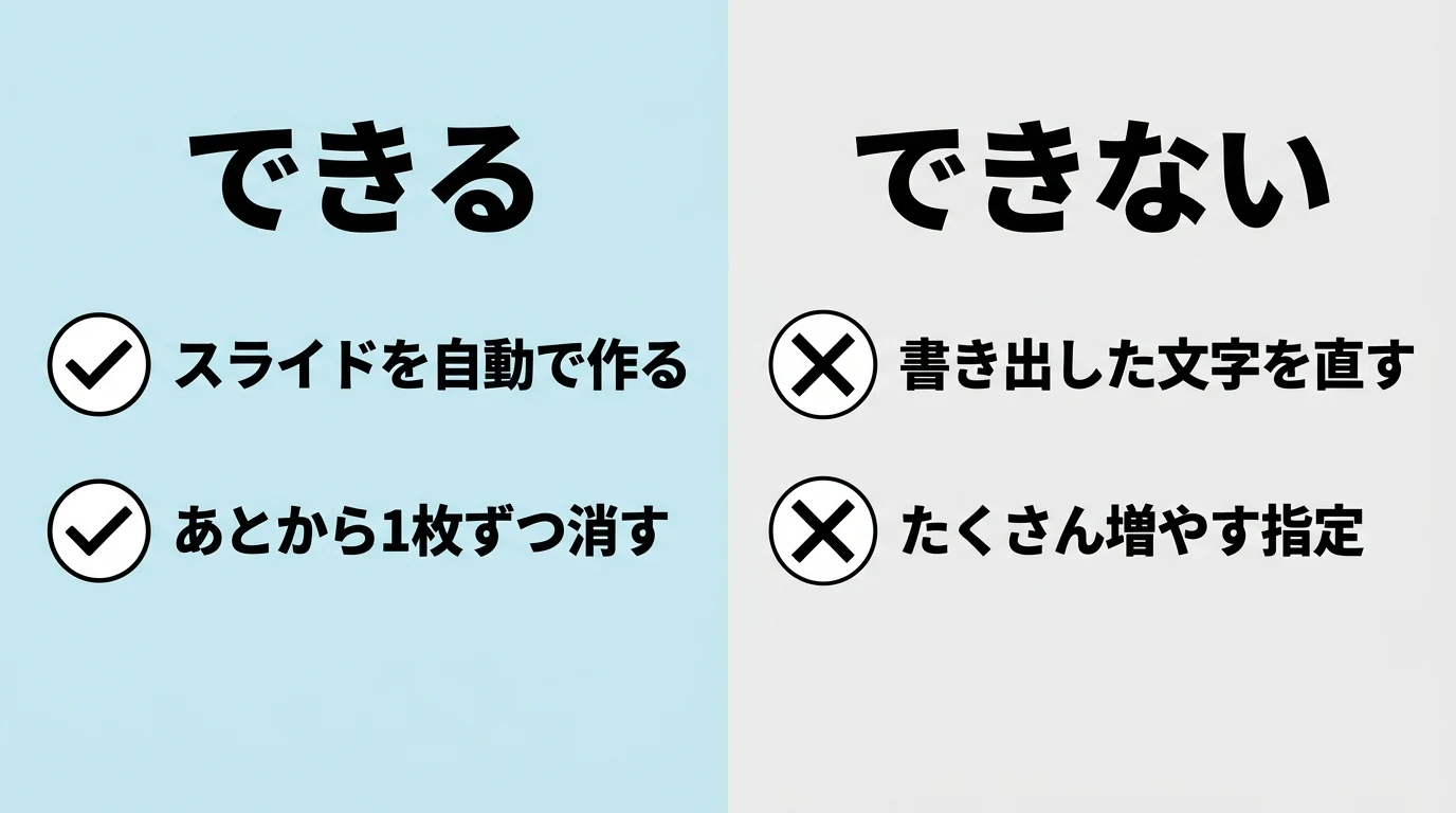 スライド作成でできること と できないこと。あとから1枚ずつ消せるのがポイント