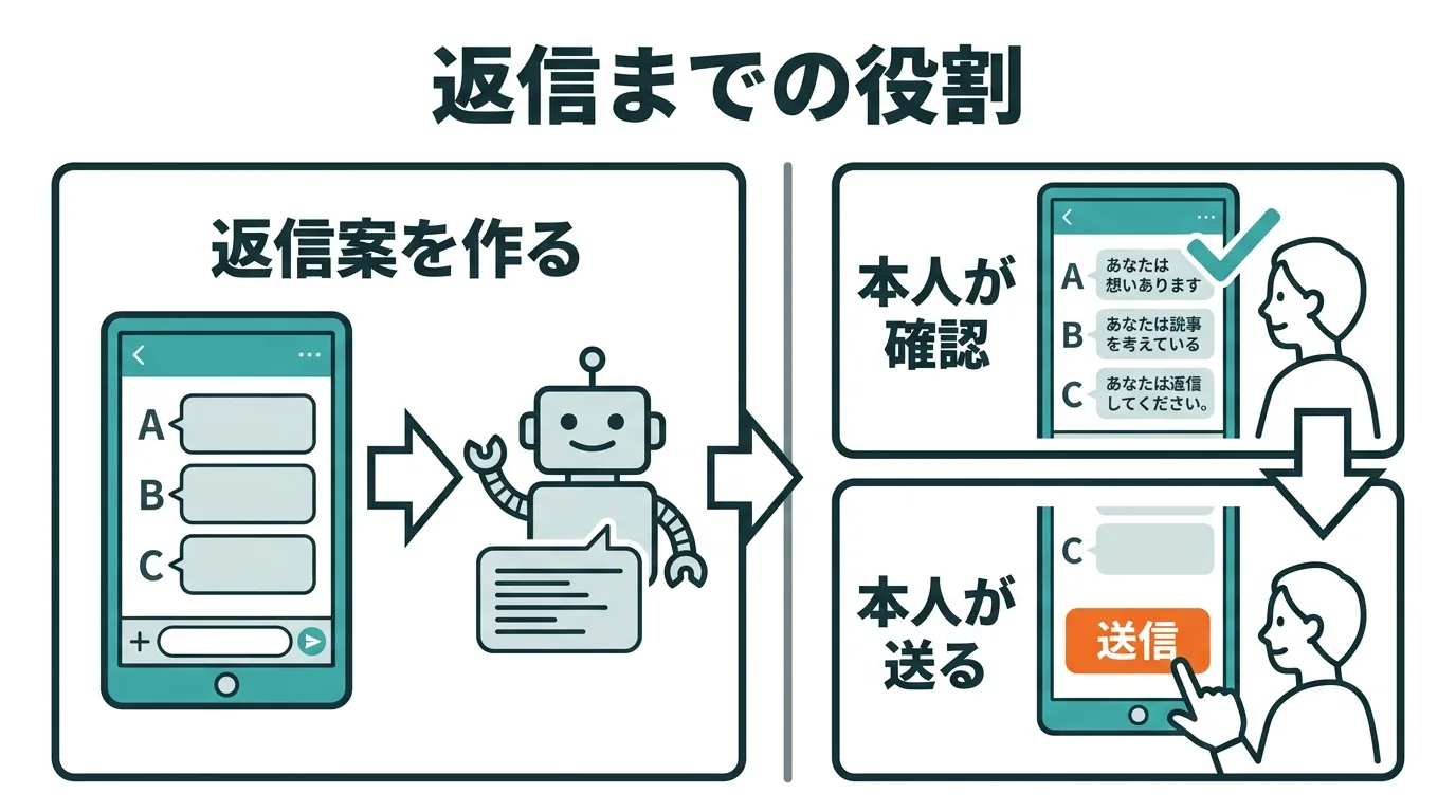 返信案を作る段階と、本人が確認して送る段階を分けた図です。