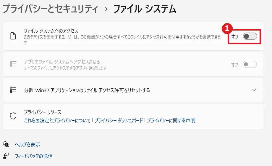 ファイル システムへのアクセスのスイッチをオフに切り替えた画面