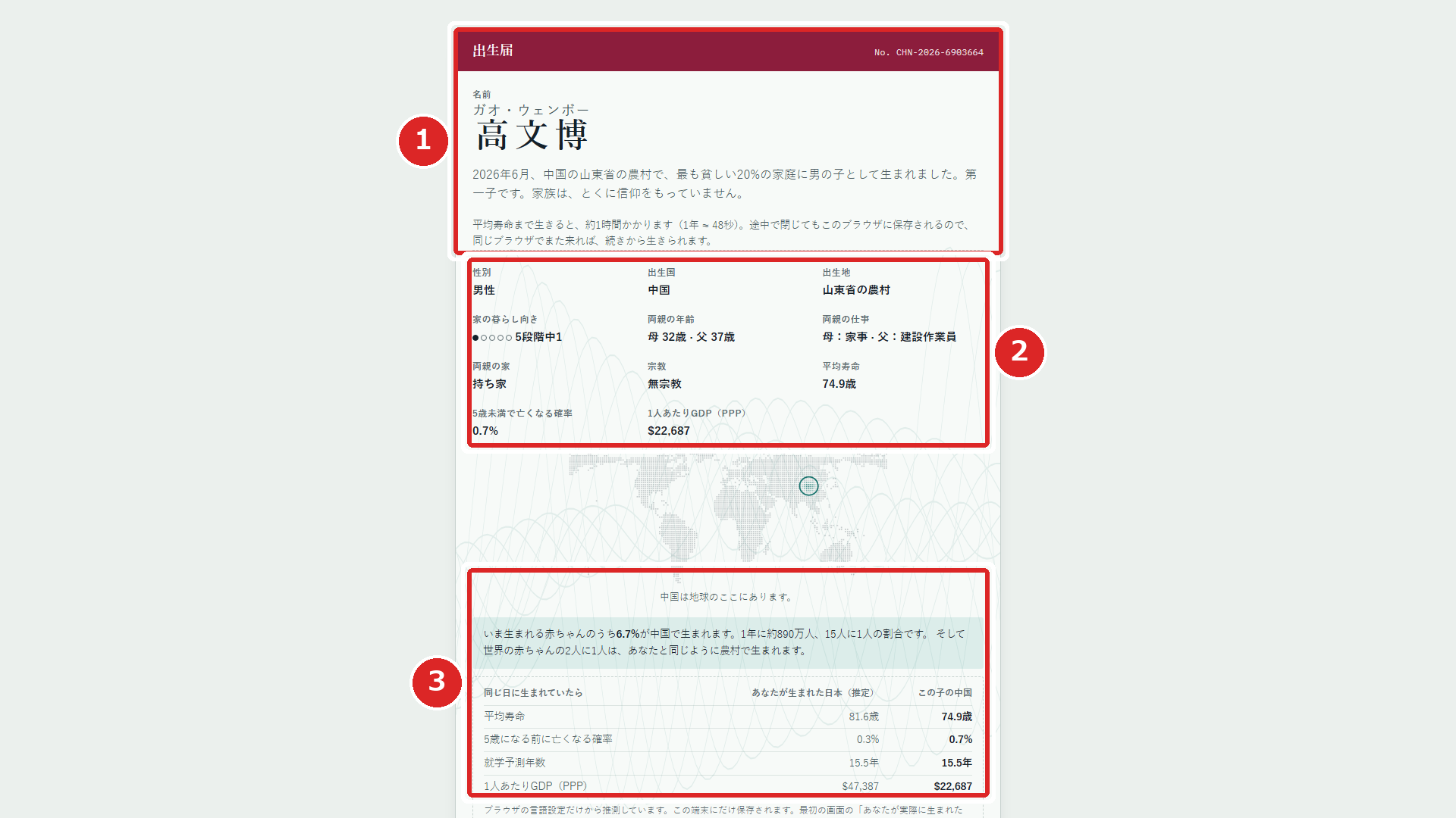 公式サイト80億分の1で生まれるをクリックした直後の出生届と初期ステータス・統計比較の実機画面