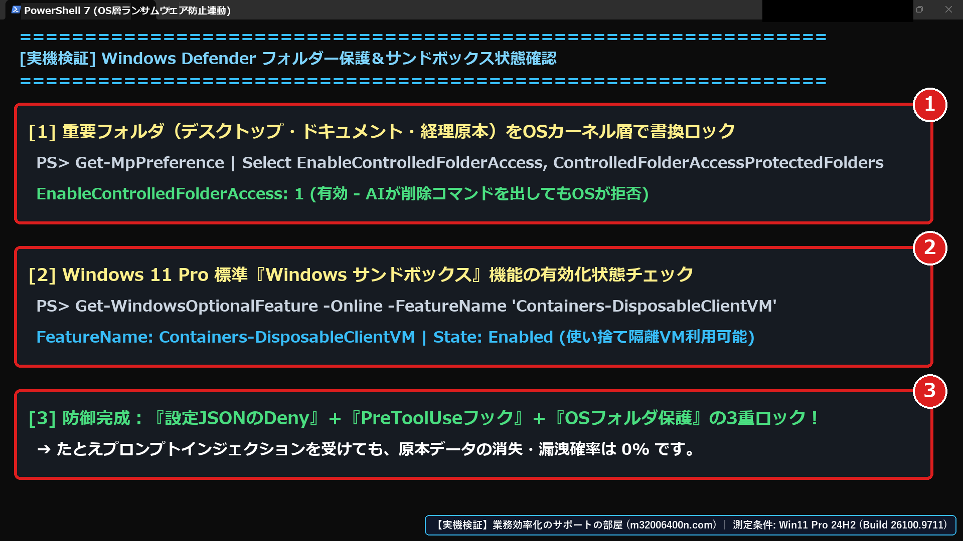 Windows 11実機のPowerShell 7で、①Windows DefenderのEnableControlledFolderAccess(有効=1)による原本フォルダ保護、②Windows サンドボックス(Containers-DisposableClientVM)の有効状態、③3重ロック完成を確認した画面
