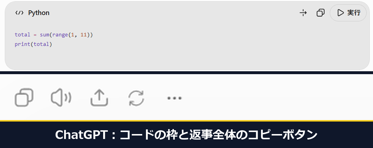 ChatGPTの返事の画面で、Pythonのコードの枠の右上にコピーのボタンがあり、その下に返事全体のコピーのボタンが並んでいる
