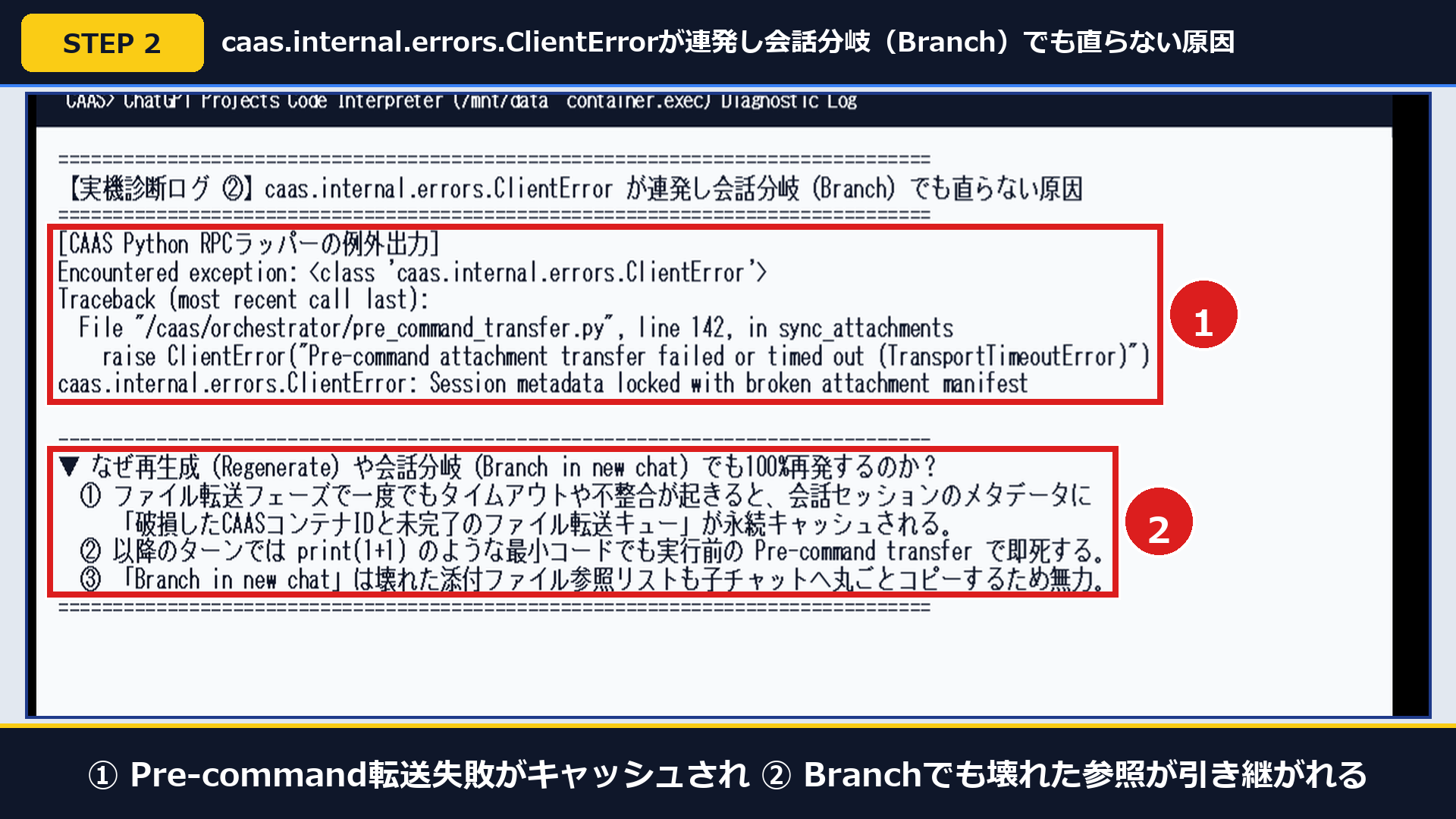 実機診断ログで①Pre-command転送失敗がキャッシュされ②Branchでも壊れた参照が引き継がれる原因を確認した画面