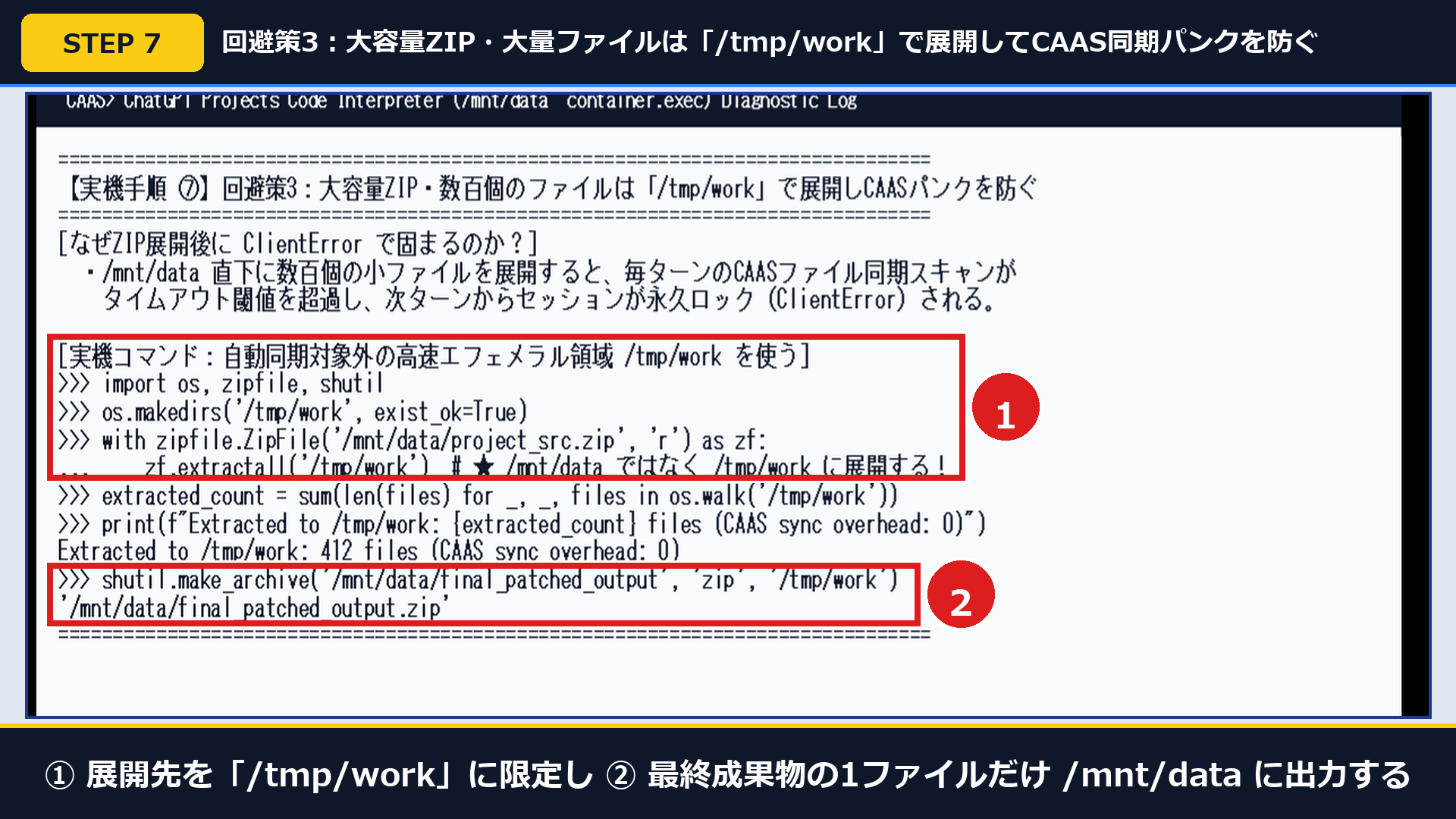 実機画面で①展開先を/tmp/workに限定し②最終成果物の1ファイルだけ/mnt/dataに出力した画面