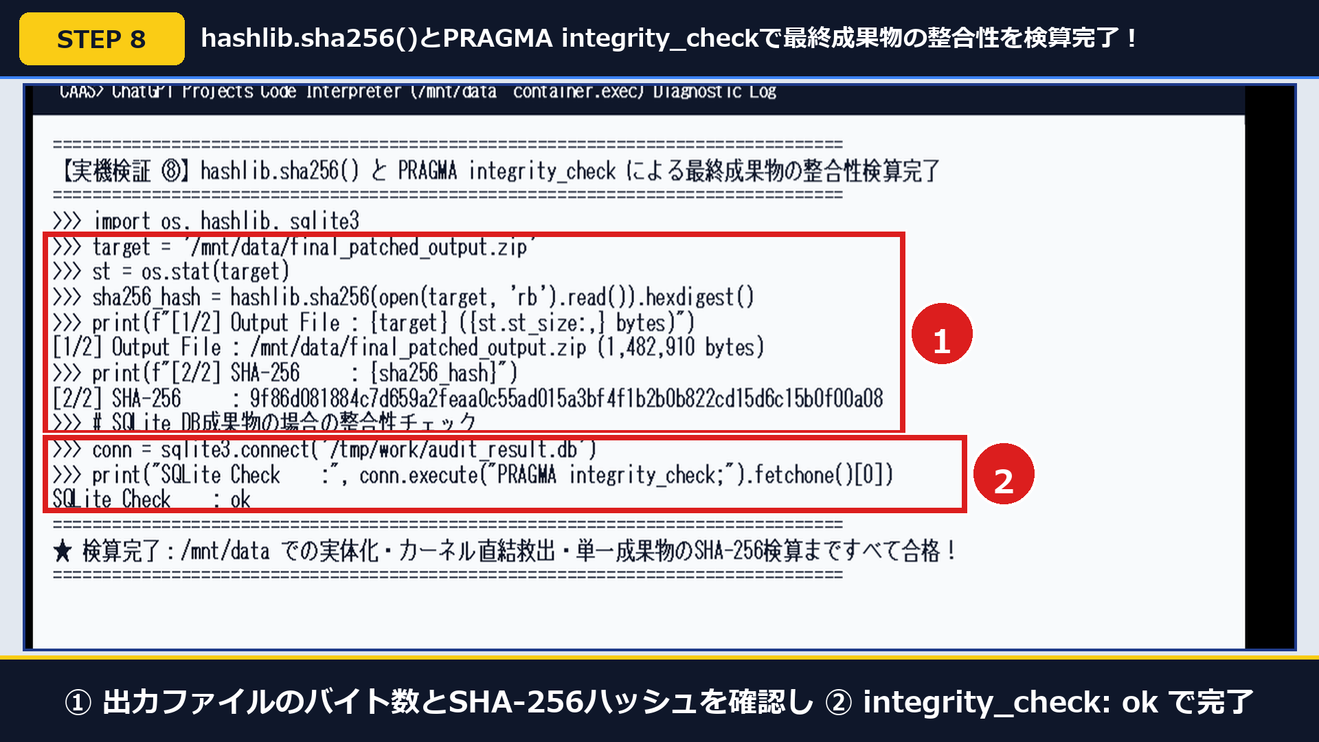実機画面で①出力ファイルのバイト数とSHA-256ハッシュを確認し②integrity_check: okで完了した画面
