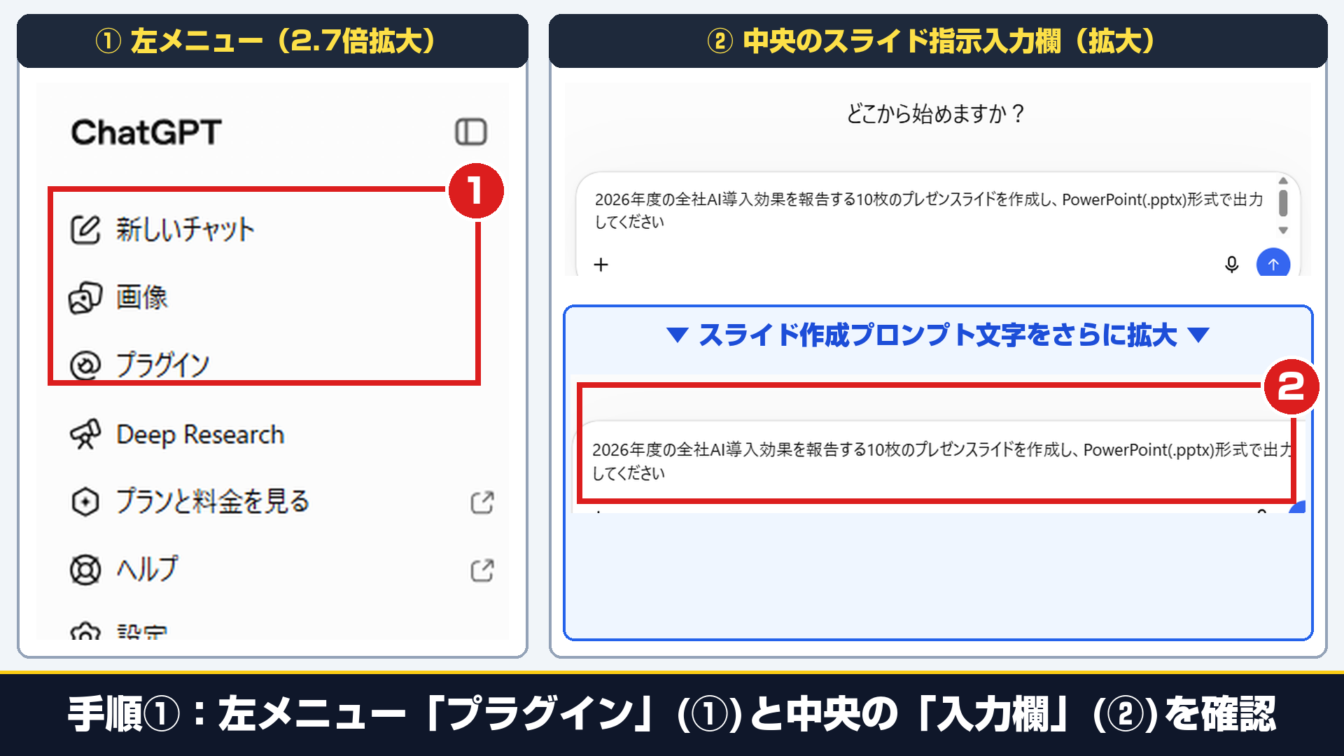 ChatGPT Space画面で①Slidesを選択し、②業務企画書のアウトラインを入力して③スライドを生成するフルサイズ実機画面
