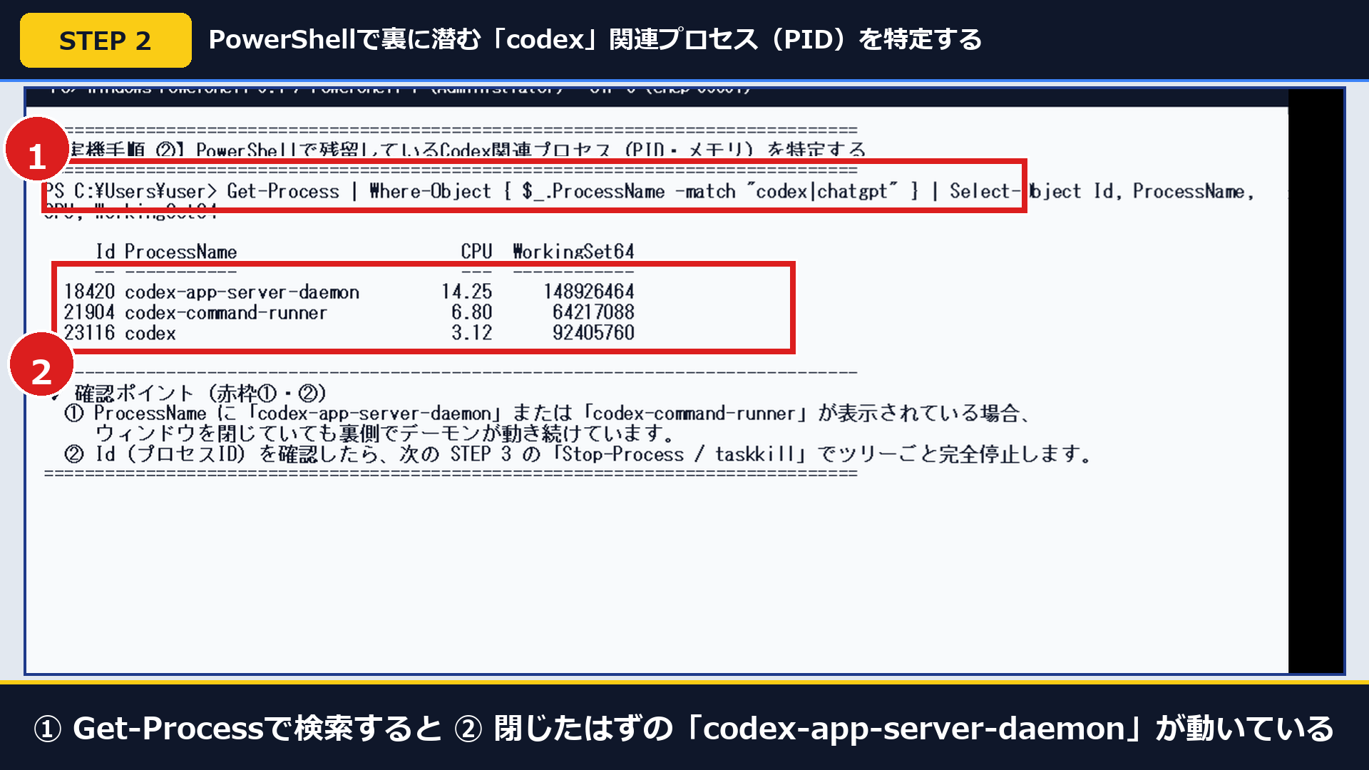 実機PowerShell画面で①Get-Processを実行し②閉じたはずのcodex-app-server-daemonが動いていることを確認した画面