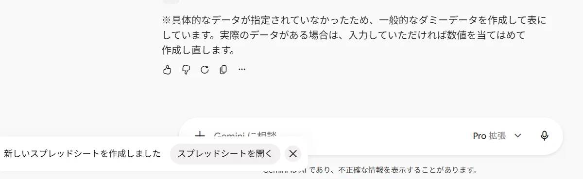 画面左下に表示されたスプレッドシート作成完了の通知