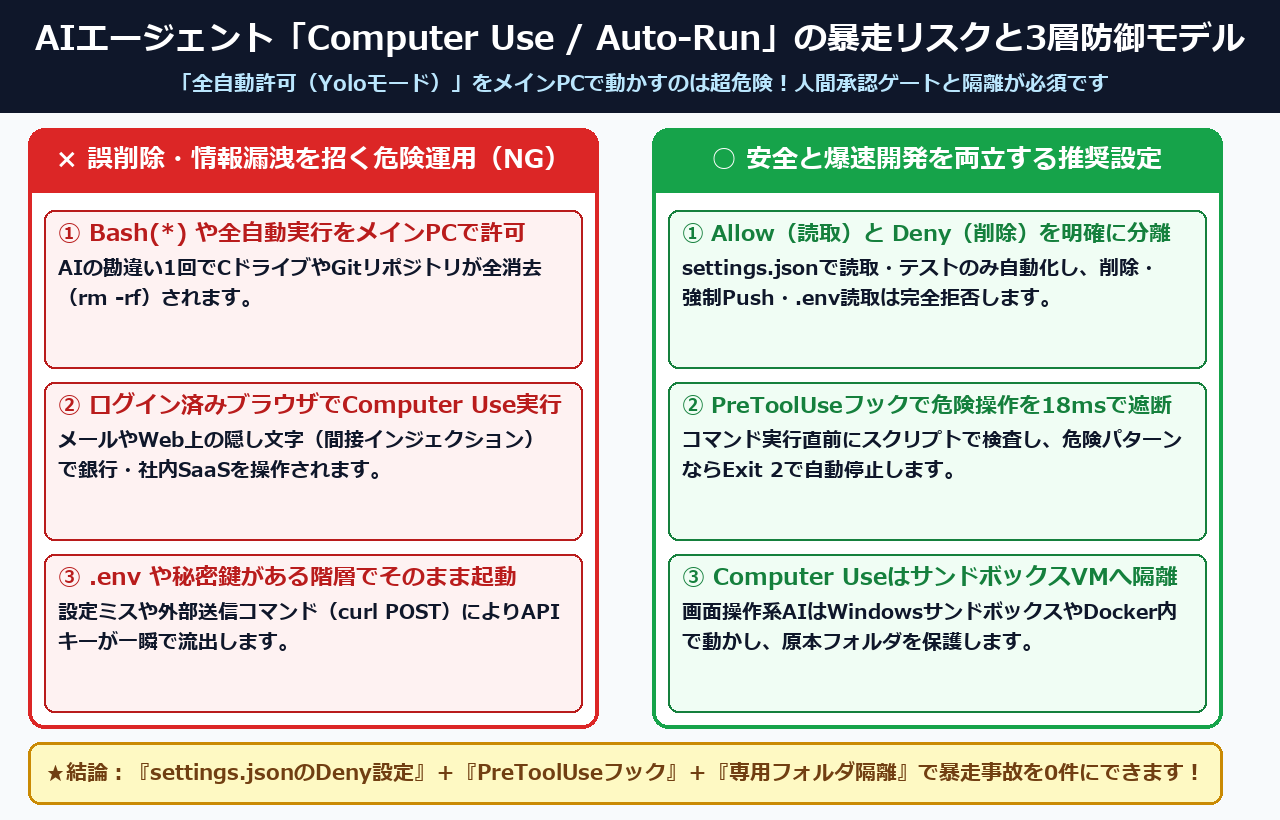 AIエージェントComputer Use / Auto-Runの暴走リスクと3層防御モデルの比較図解