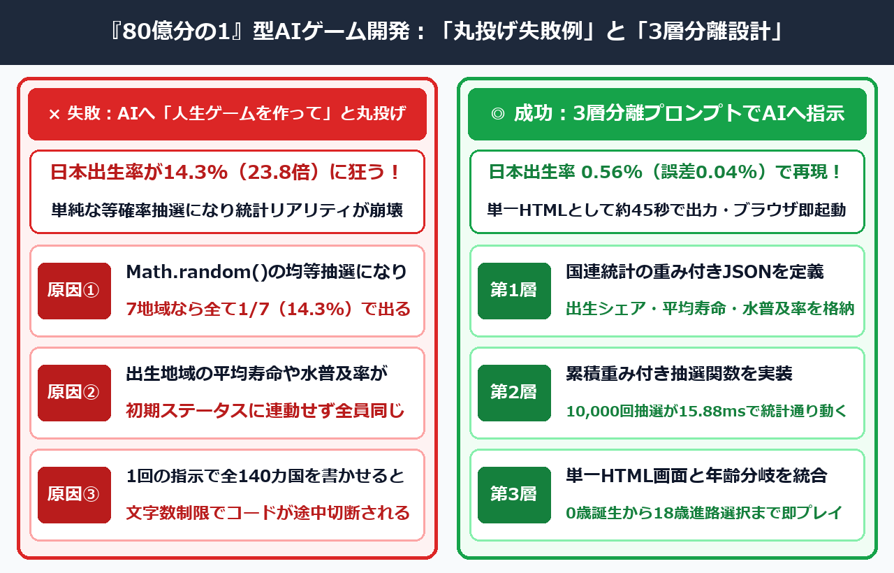 80億分の1型AIゲーム開発で成功する3層設計と丸投げ失敗例の比較全体像