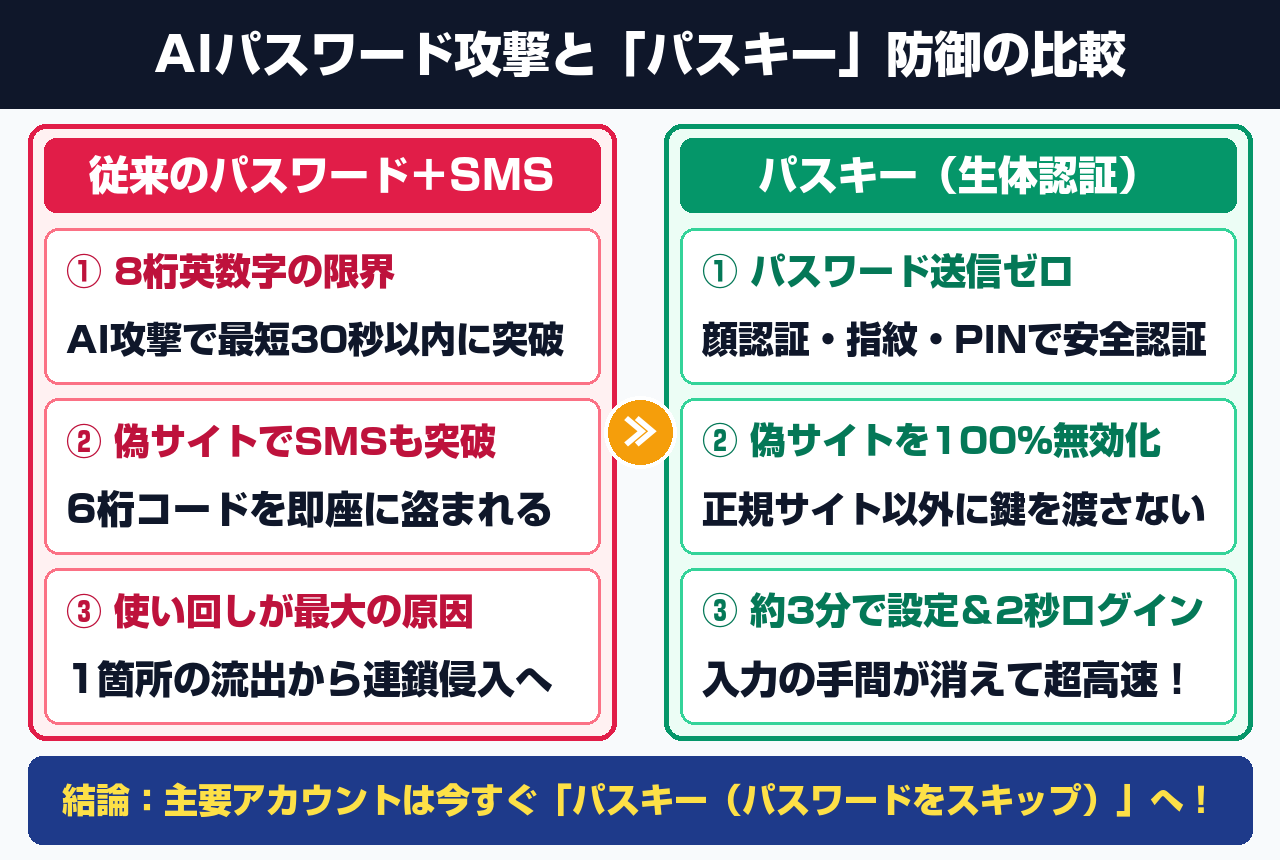 2026年10月19日発表：AI自動攻撃での従来パスワード突破速度とパスキー比較図解