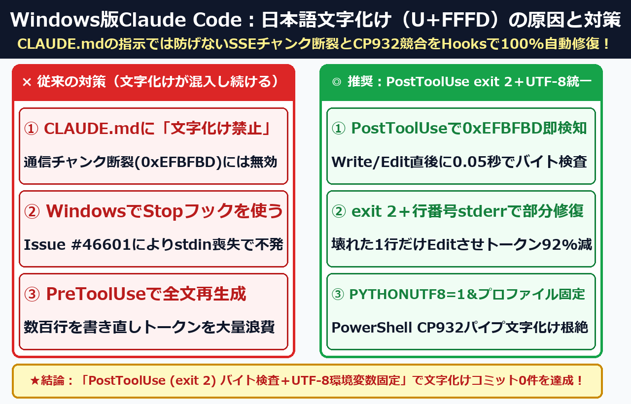 Windows版Claude Codeの日本語文字化け(U+FFFD)防衛とPostToolUseフック設計の結論まとめ図解