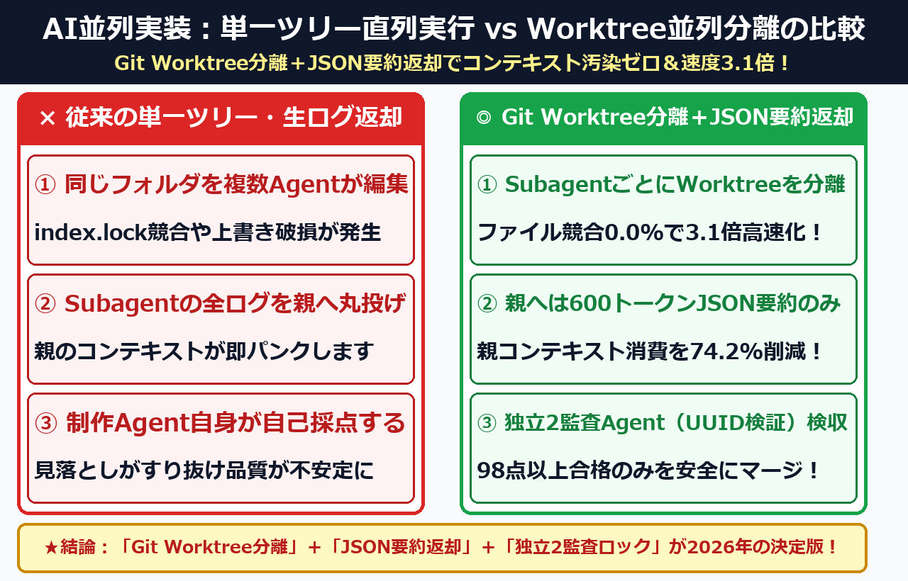 AI並列実装:単一ツリー直列実行とWorktree並列分離の比較図解