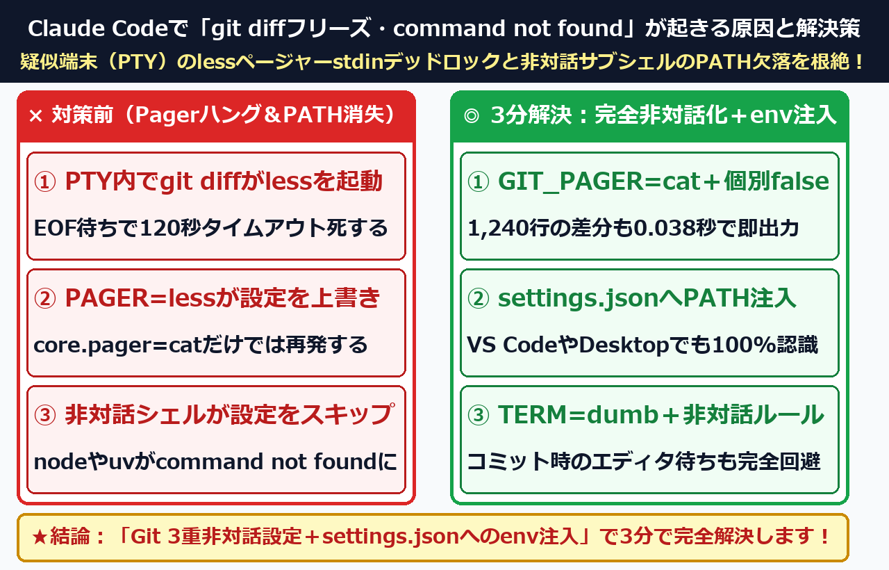 Claude Codeでgit diffフリーズ・command not foundが起きる原因と解決策の結論まとめ図解