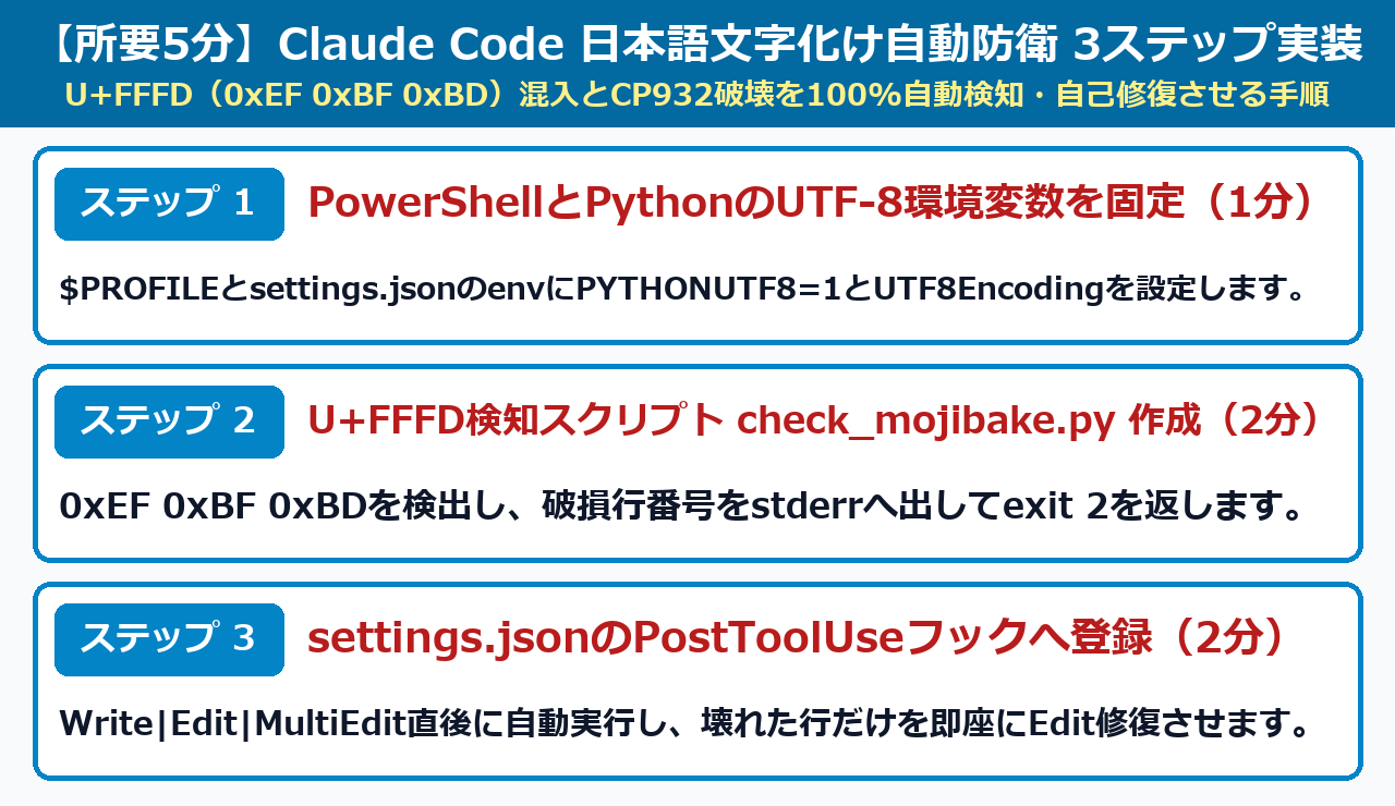 Claude Codeの日本語文字化け(U+FFFD)を0%にする3ステップ実装手順図解