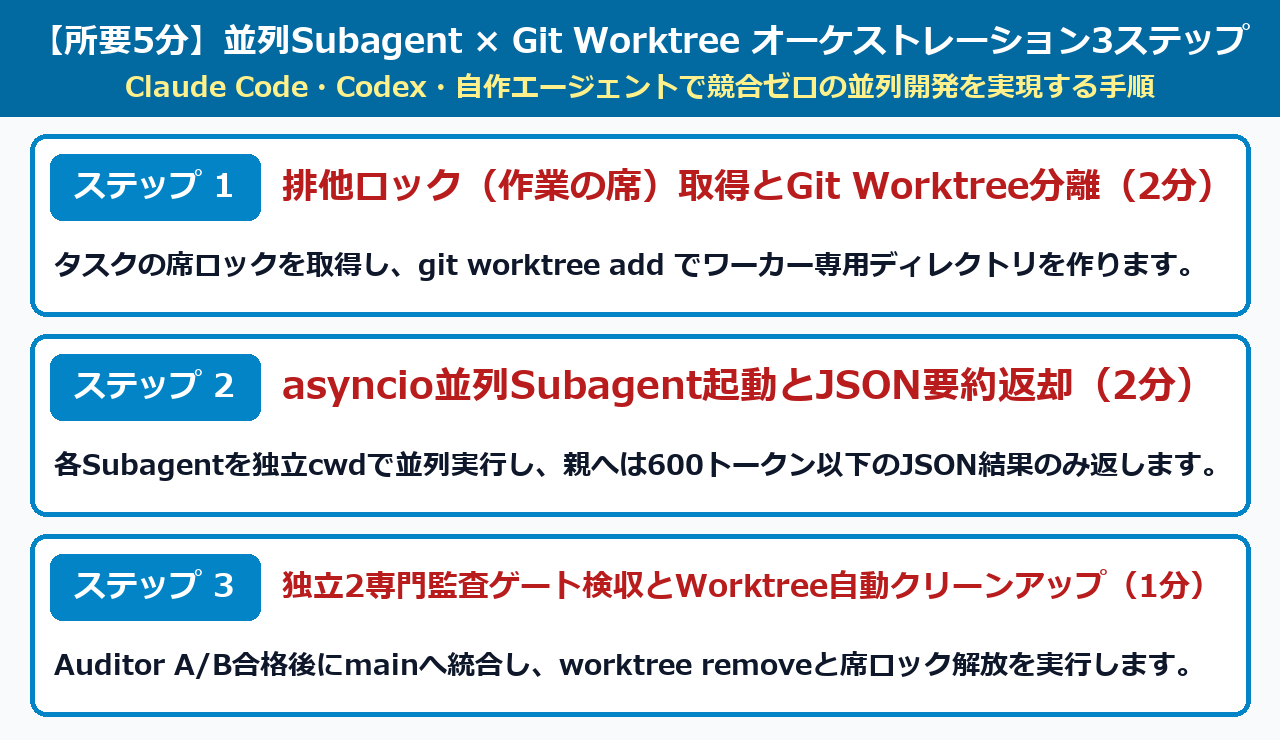 並列Subagent × Git Worktree オーケストレーション3ステップ図解