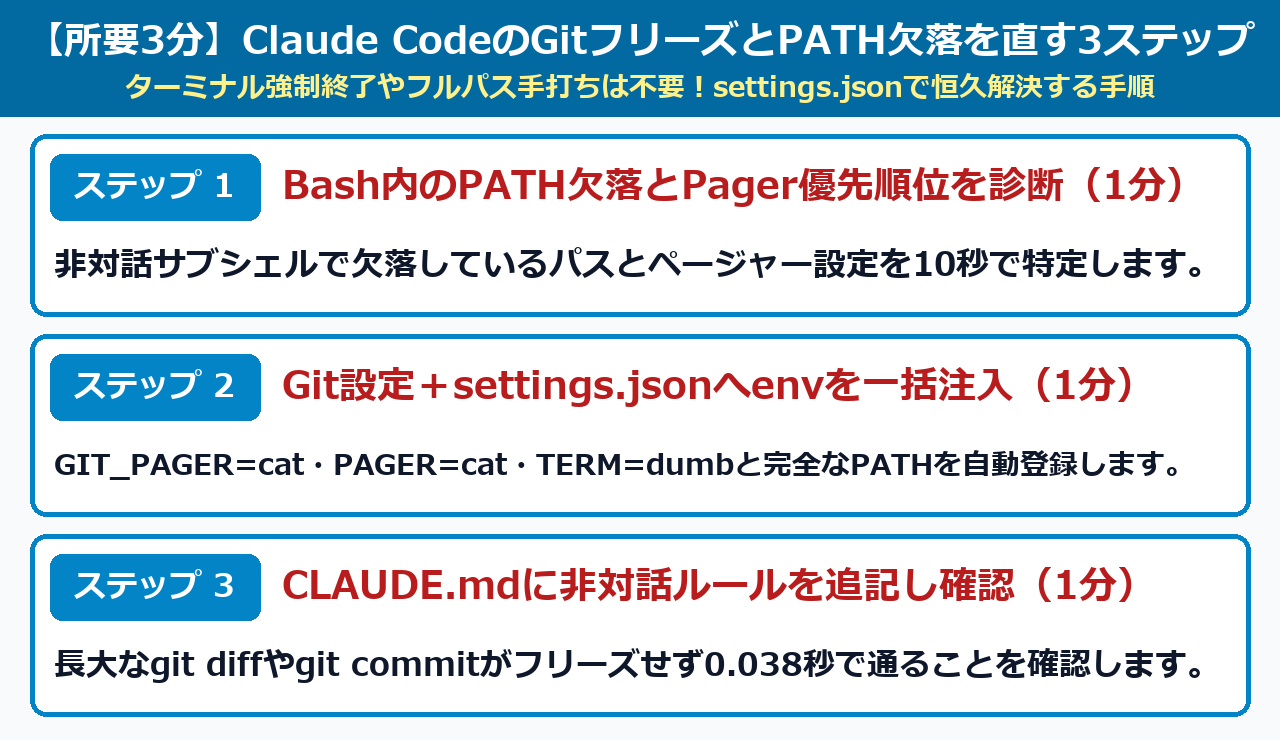 Claude CodeのGitフリーズとPATH欠落を直す3ステップ手順図解