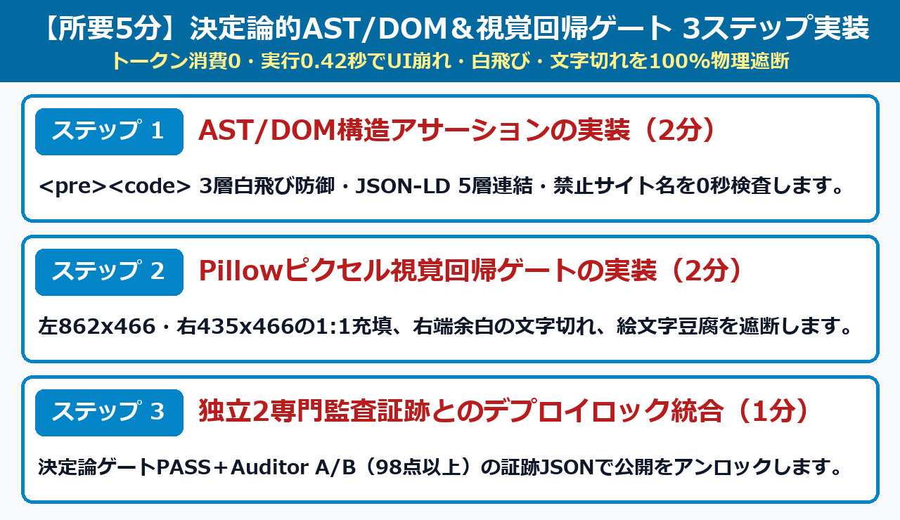 決定論的AST/DOM&視覚回帰ゲート 3ステップ実装図解