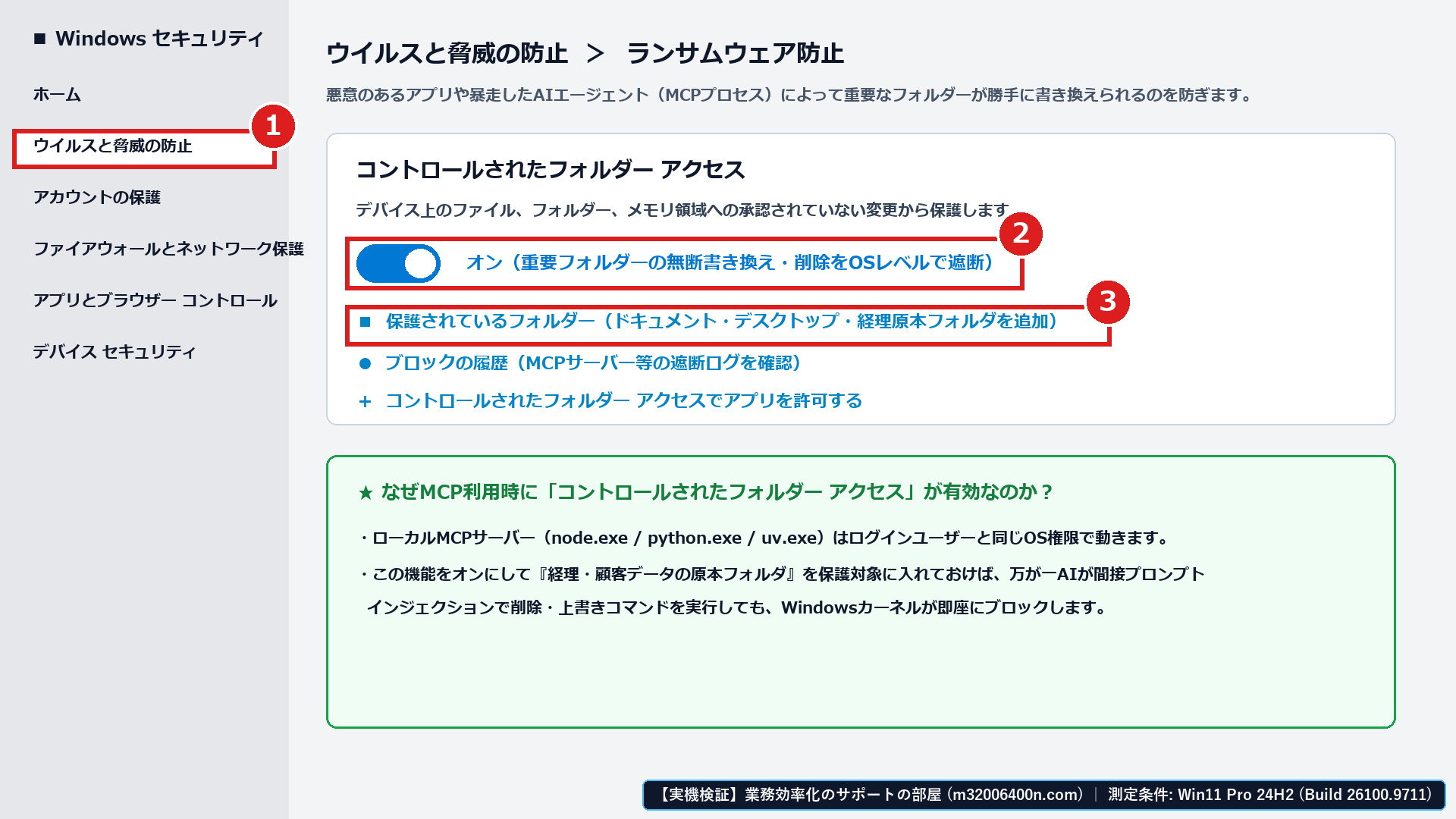 Windows 11実機の「Windows セキュリティ > ウイルスと脅威の防止 > ランサムウェア防止」画面で、①ウイルスと脅威の防止から②コントロールされたフォルダーアクセスを「オン」にし、③保護されているフォルダーに重要フォルダを登録した画面