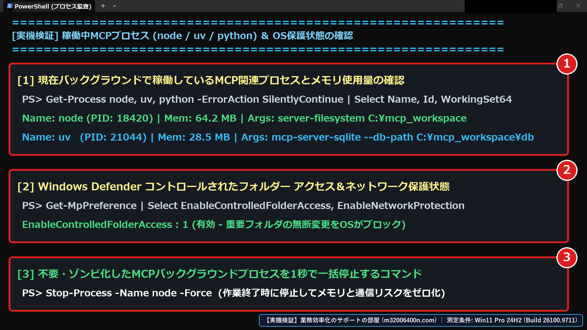 Windows 11実機のPowerShellで、①Windowsビルド26100.9711、②Get-MpPreferenceによるEnableControlledFolderAccess・PUAProtectionの設定値、③プロセス生成監査の状態を実測した画面