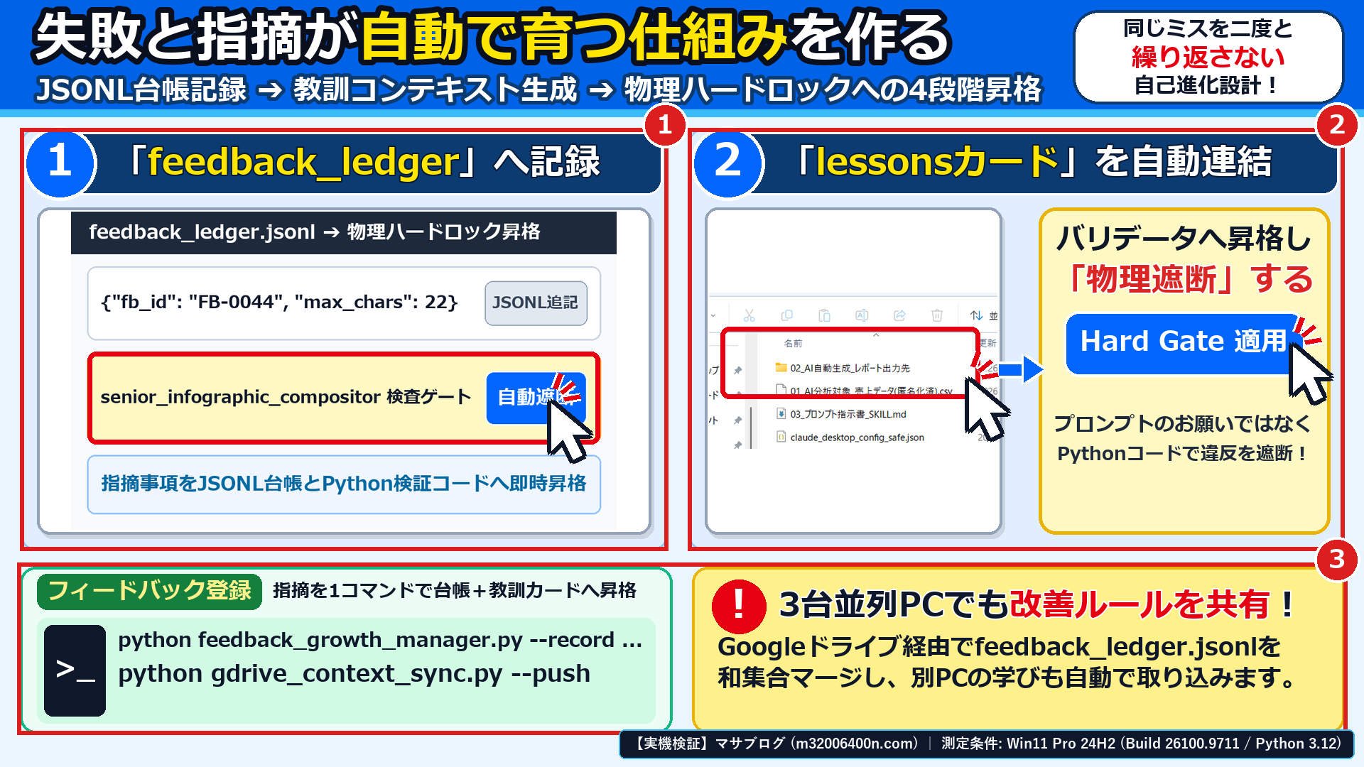 Windows 11実機のエディタとエクスプローラー画面で、①feedback_ledger.jsonlへの記録、②lessonsカードの自動連結、③物理バリデータ(Hard Gate)による遮断を確認した画面