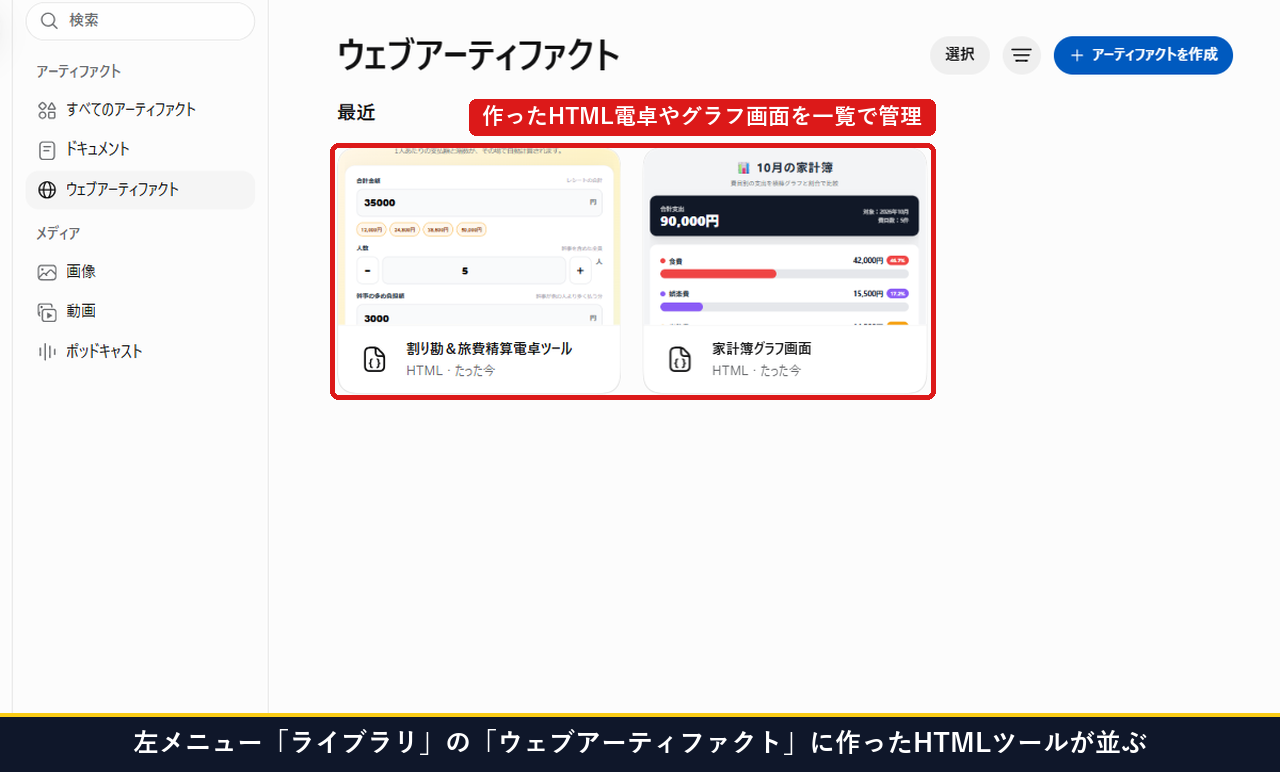 左メニューのライブラリ内にあるウェブアーティファクトに作成した割り勘電卓と家計簿グラフ画面が並ぶ実測画面